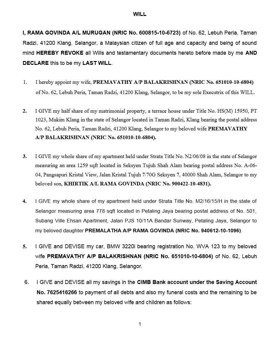 Malaysia Last Will and Testament editable template in Word and PDF formats