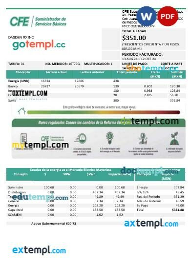 Mexico Electricity CFE business utility bill template in Word and PDF formats, fully editable