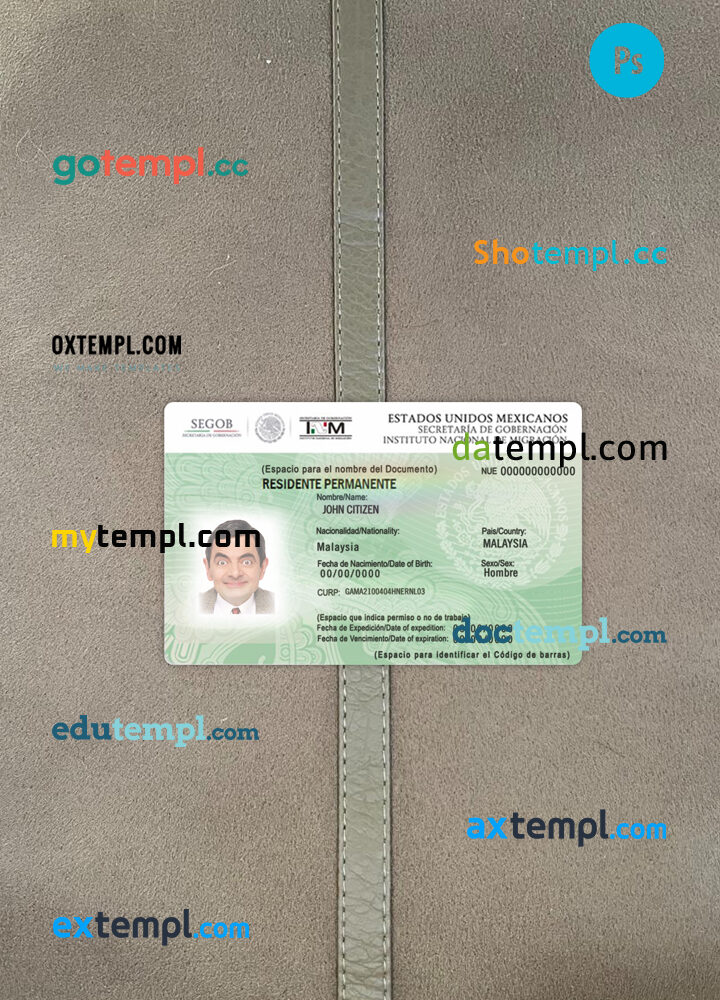 Mexico green card (residence permit) editable PSD files, scan look and photo-realistic look, 2 in 1