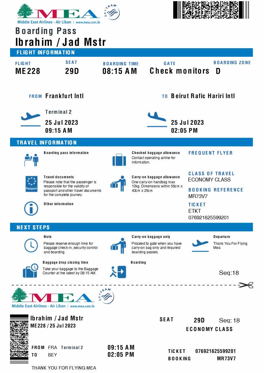 Middle East Arilines (MEA) boarding pass in Word and PDF formats