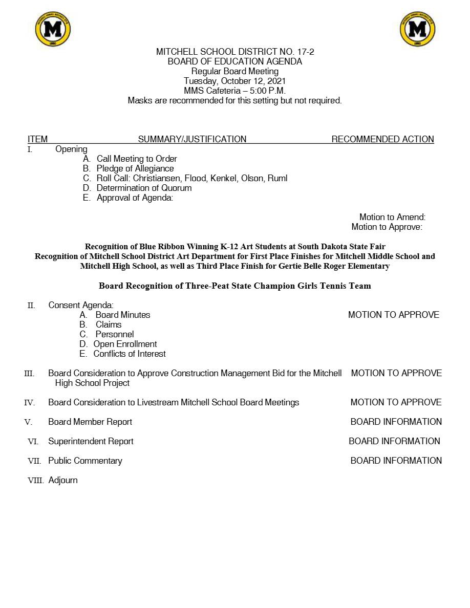 Mitchell School District Education agenda template in Word and PDF formats