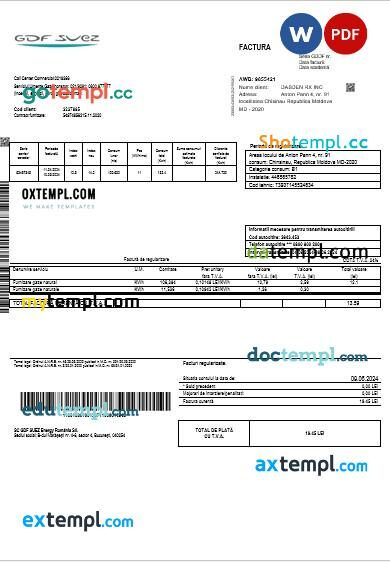 Moldova Gas business utility bill template in Word and PDF formats