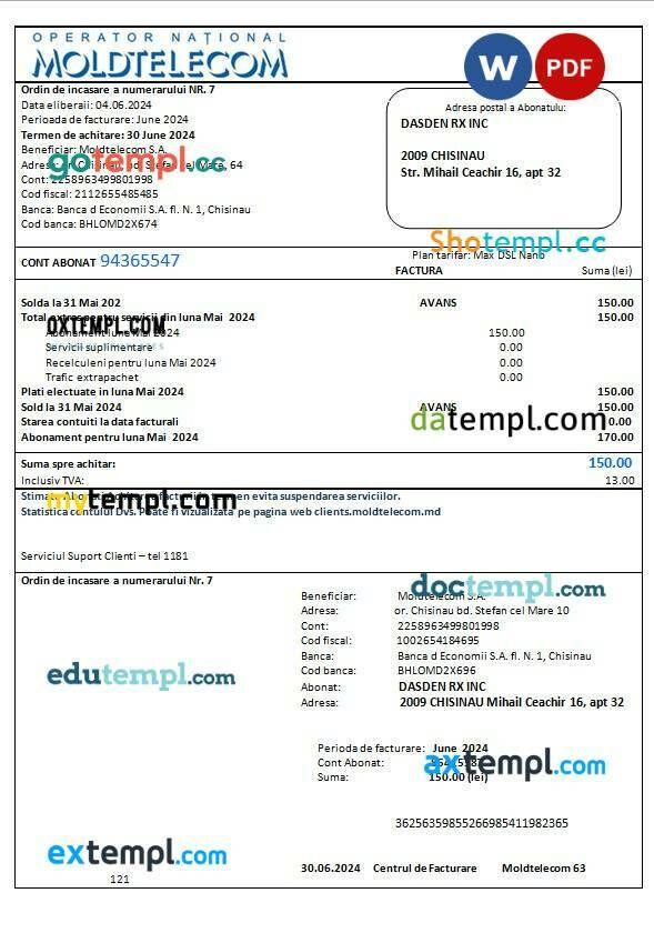 Moldova Moldtelecom business utility bill template in Word and PDF formats, fully editable