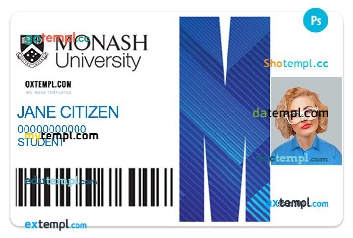 Monash University student ID template in PSD format, fully editable