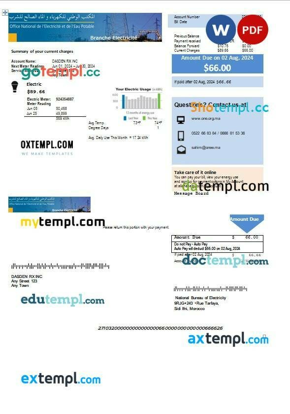 Morocco National Bureau of Electricity business utility bill Word and PDF template