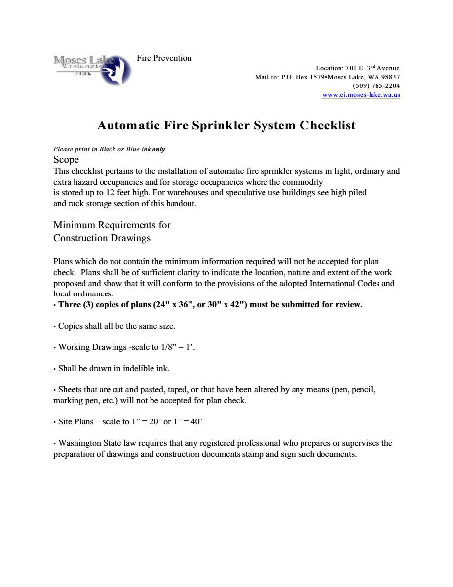 Moses Lake Automatic Fire Sprinkler System checklist template in Word and PDF formats, 5 pages