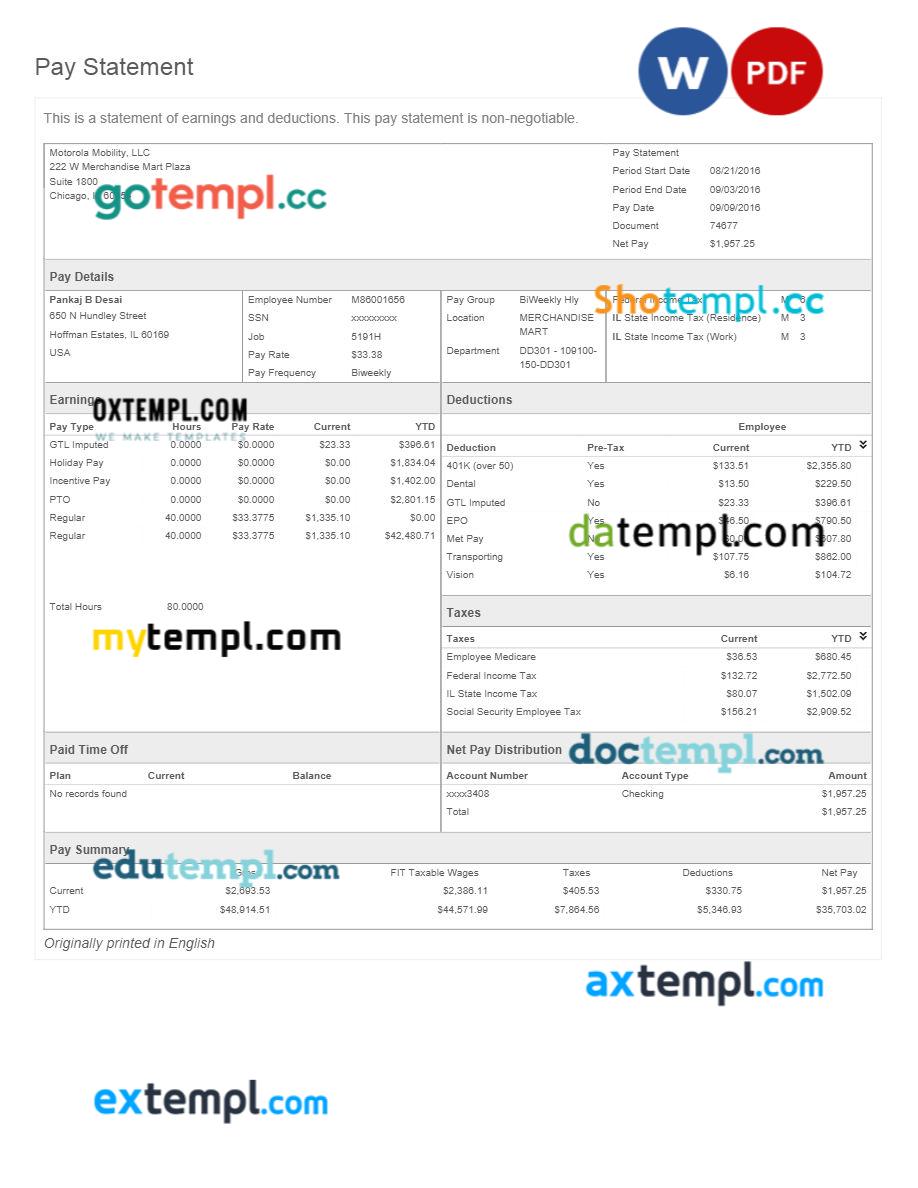 Motorola Mobility LLC pay statement template in Word and PDF formats