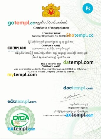 Myanmar company registration certificate PSD template