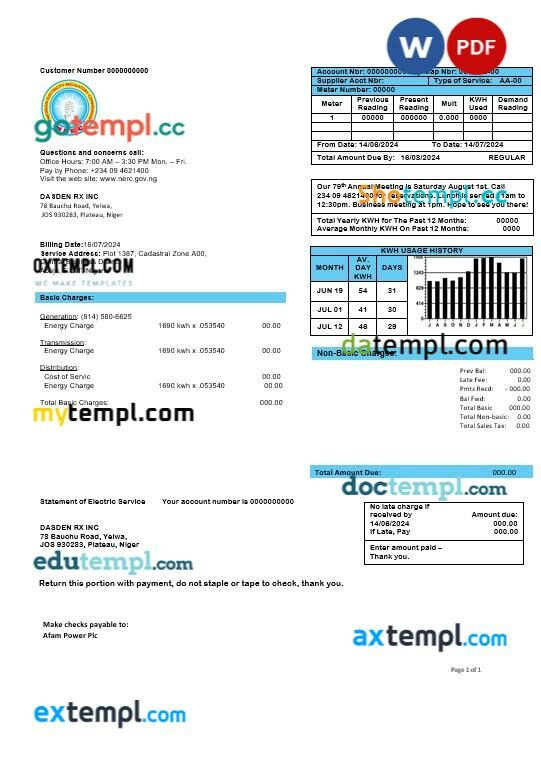 Nigeria Nigerian Electricity Regulatory Commission electricity business utility bill template in Word and PDF formats