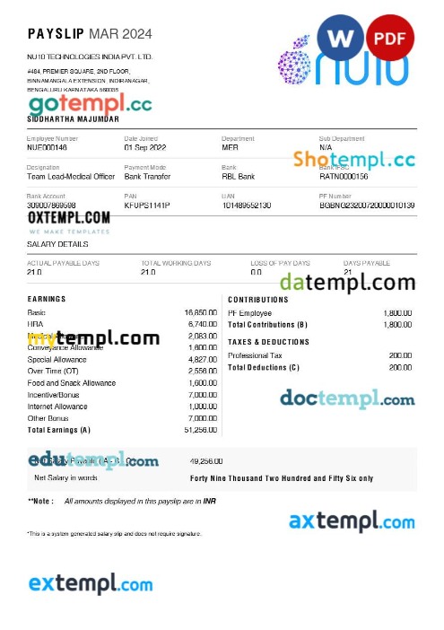 NU10 Technologies India payslip template in Word and PDF formats