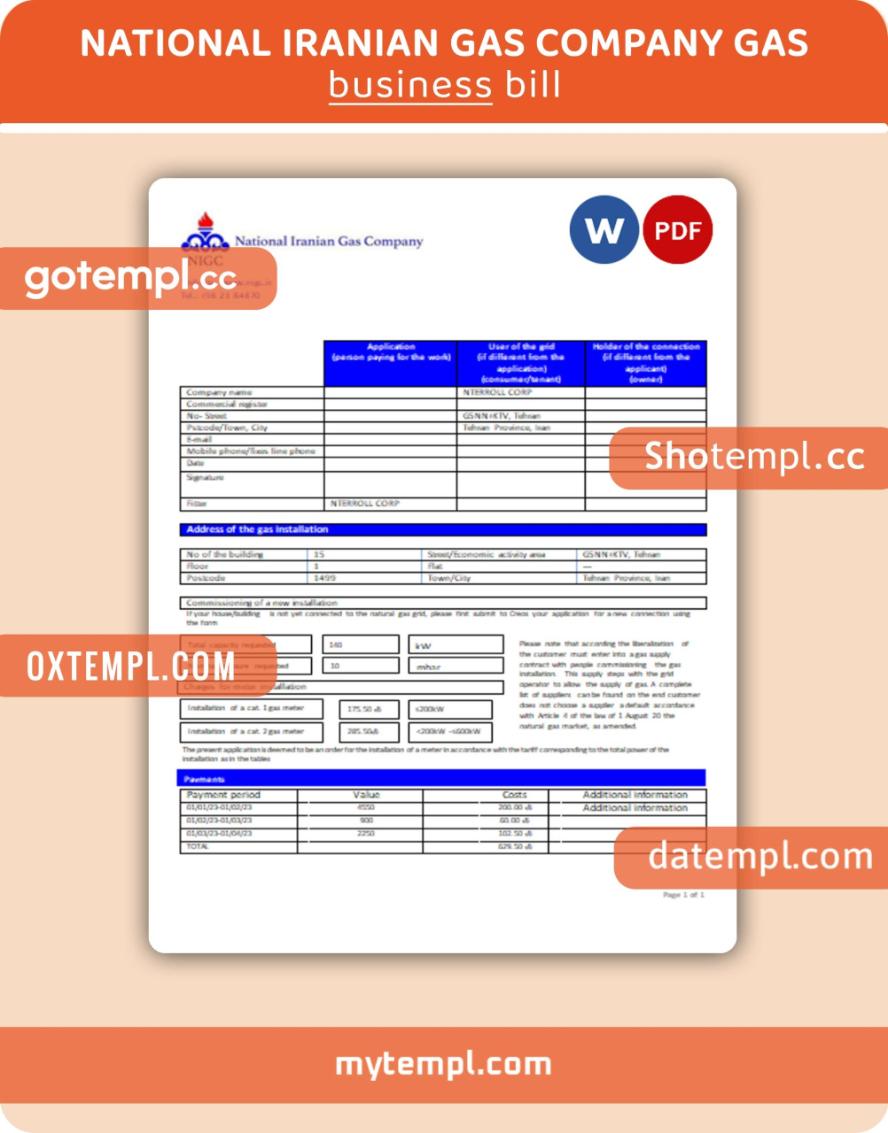 National Iranian Gas Company gas business utility bill, Word and PDF template