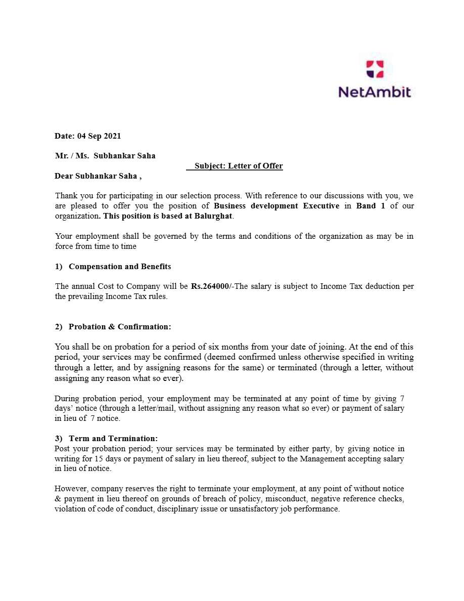 NetAmbit Business Development Executive offer letter in Word and Pdf formats