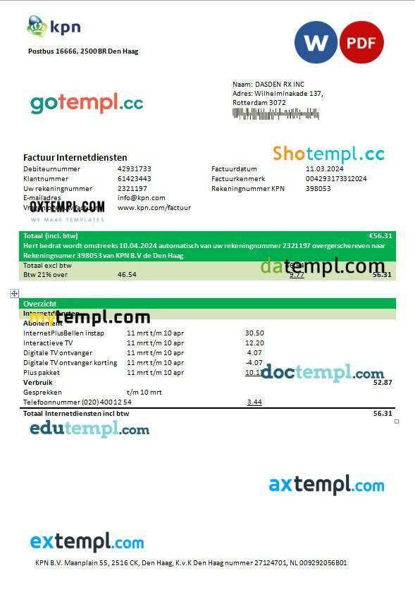 Netherlands KPN business utility bill template in Word and PDF formats