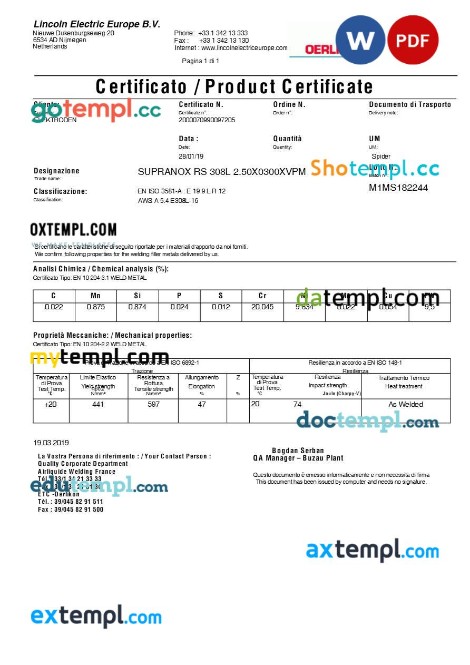 Netherlands Lincoln Electric Europe B.V. editable template in Word and PDF format