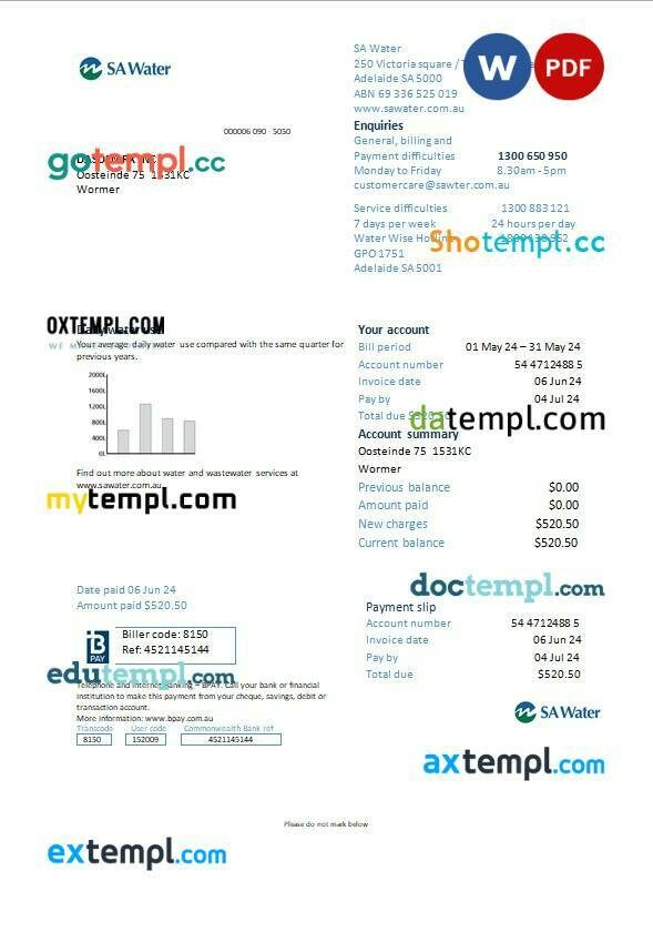 Netherlands SA water business utility bill Word and PDF template