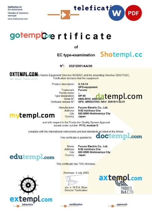 Netherlands telefication certificate template in Word and PDF format