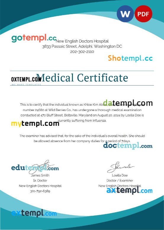 New English Doctors Hospital medical certificate template Word and PDF formats