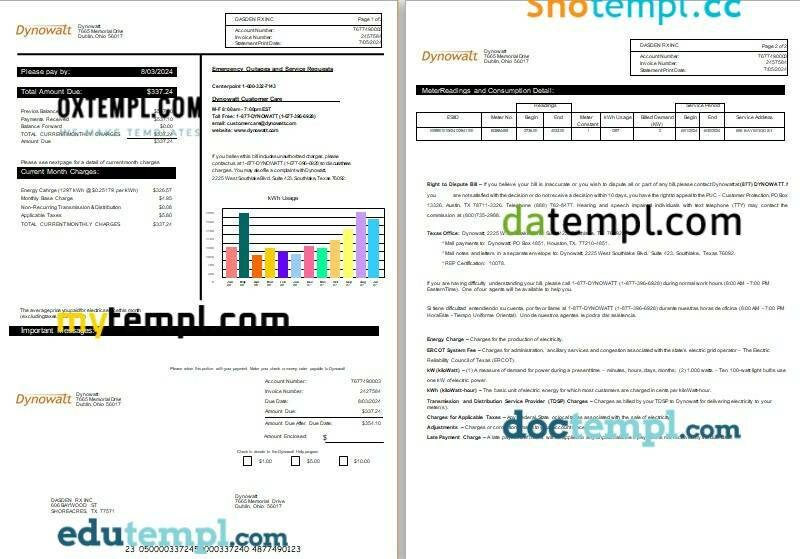 New York Dynowatt electricity business utility bill Word and PDF formats, 2 pages