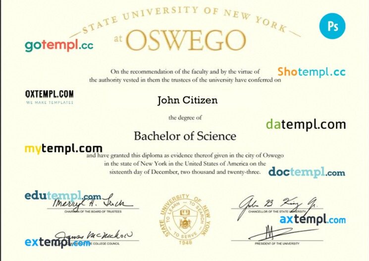 New York State University of New York at Oswego university diploma template in PSD format