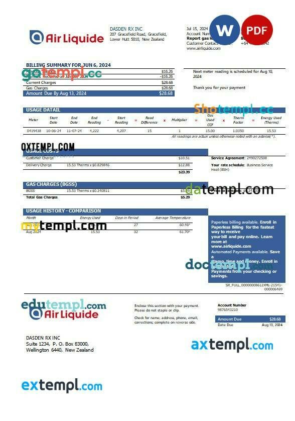 New Zealand Air Liquide gas business utility bill template in Word and PDF formats