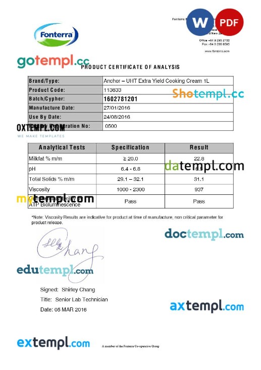 New Zealand Fonterra product certificate of analysis editable template in Word and PDF formats