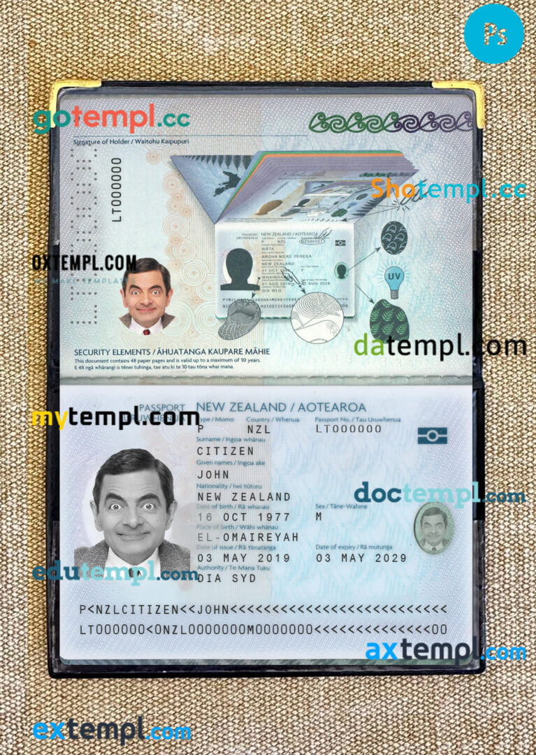 New Zealand passport PSD files, editable scan and photo-realistic look sample, 2 in 1, 2019 - present