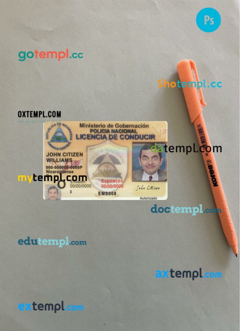 Nicaragua driving license PSD files, scan look and photographed image, 2 in 1