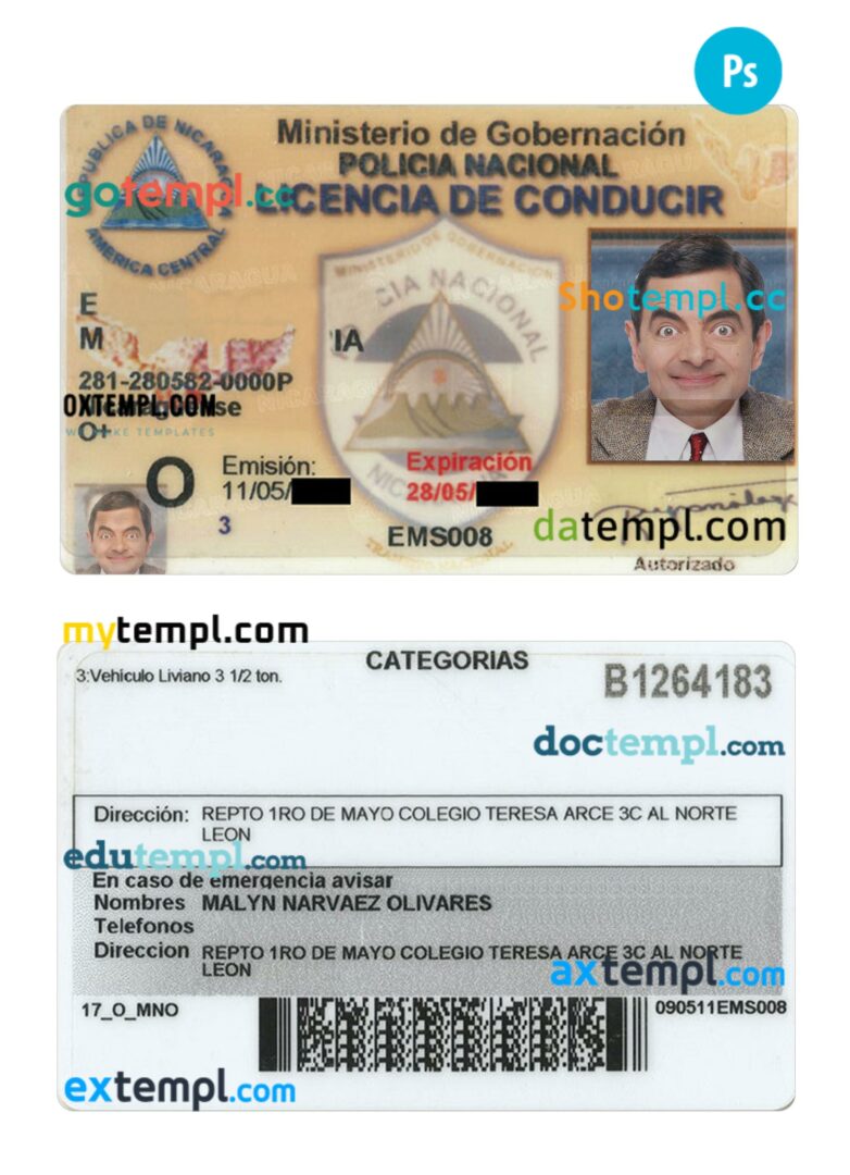 Nicaragua driving license download template in PSD format