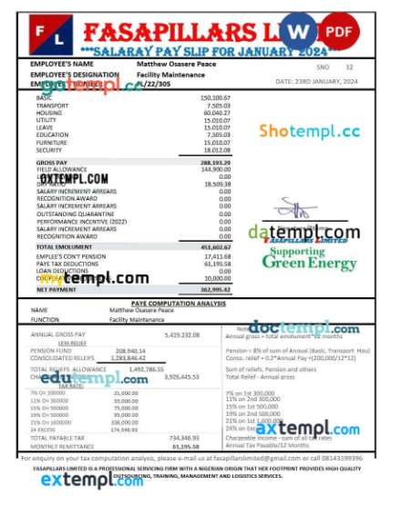 Nigeria Fasapillars Limited corporate office payslip template in Word and PDF formats