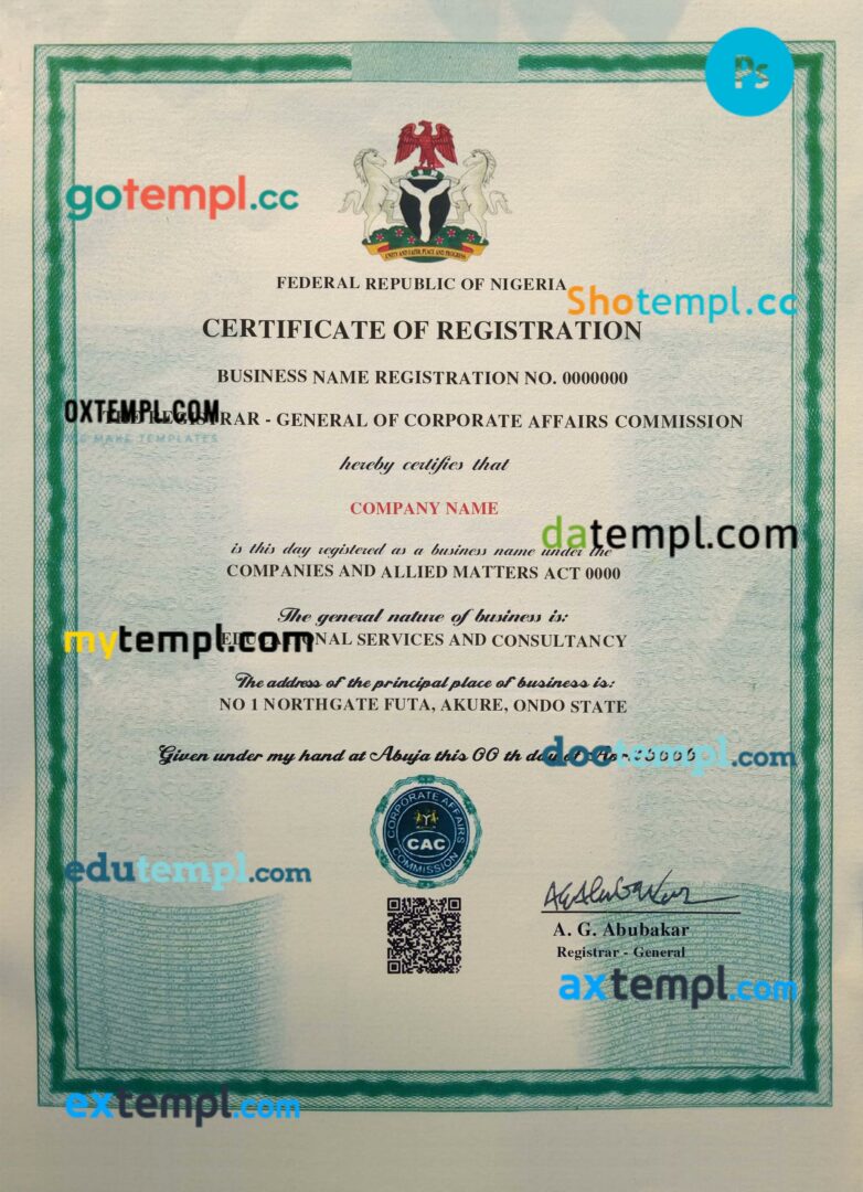 Nigeria business registration license PSD template