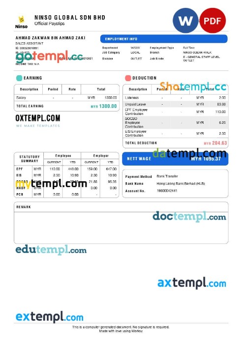 Ninso Global Sdn. Bhd. payslip template in Word and PDF formats