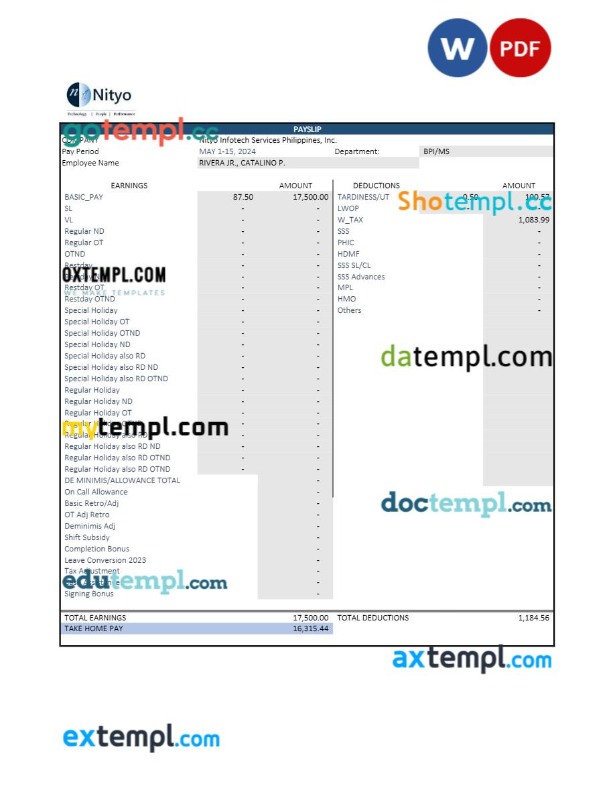 Nityo Infotech Services Philippines payslip template in Word and PDF formats