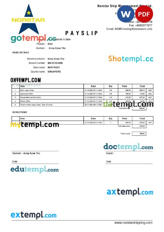 Norstar Ship Management payslip template in Word and PDF formats