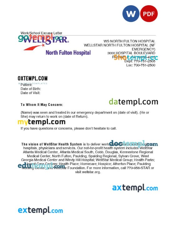 North Fulton Hospital doctor note template Word and PDF formats