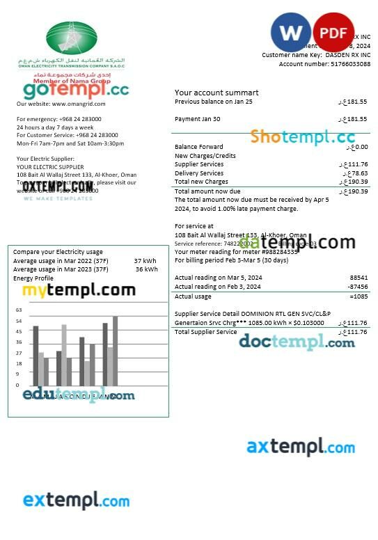 Oman Electricity Transmission Company electricity business utility bill template in Word and PDF formats