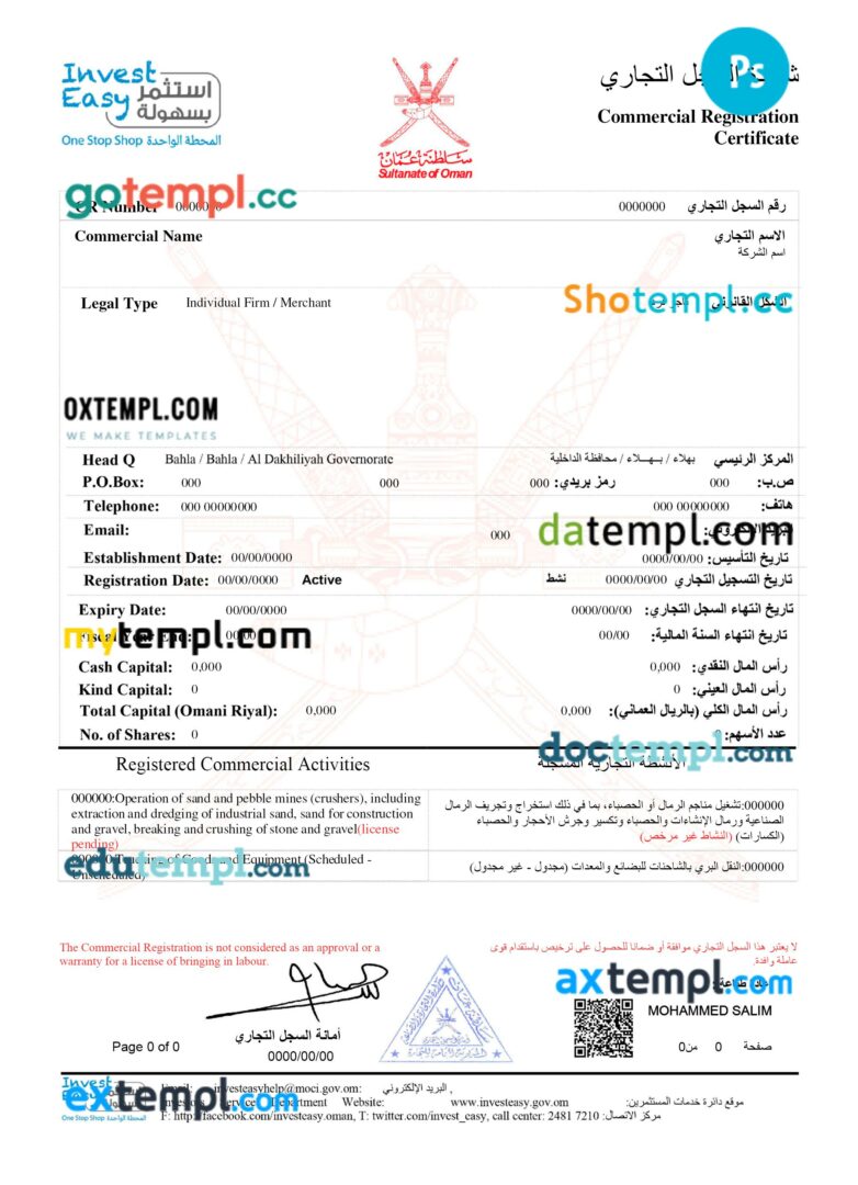 Oman business registration license PSD template