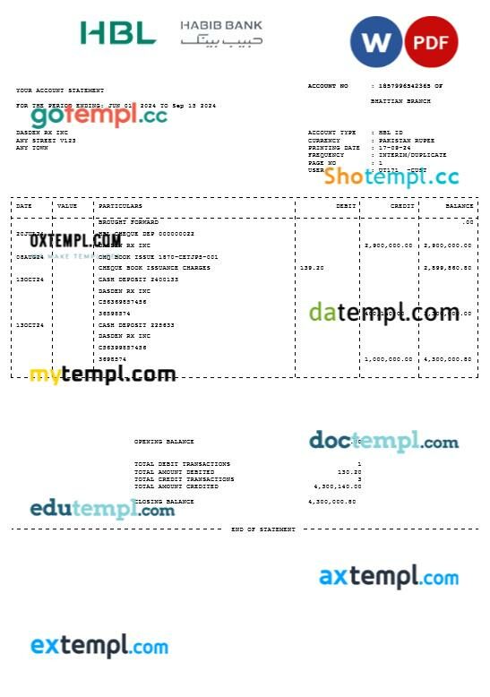 PAKISTAN HBL business utility bill Word and PDF template