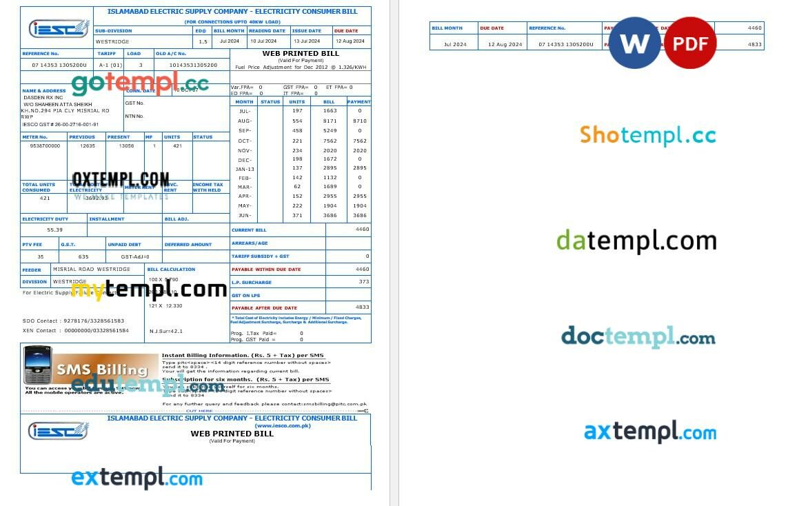 PAKISTAN IESC business utility bill Word and PDF template