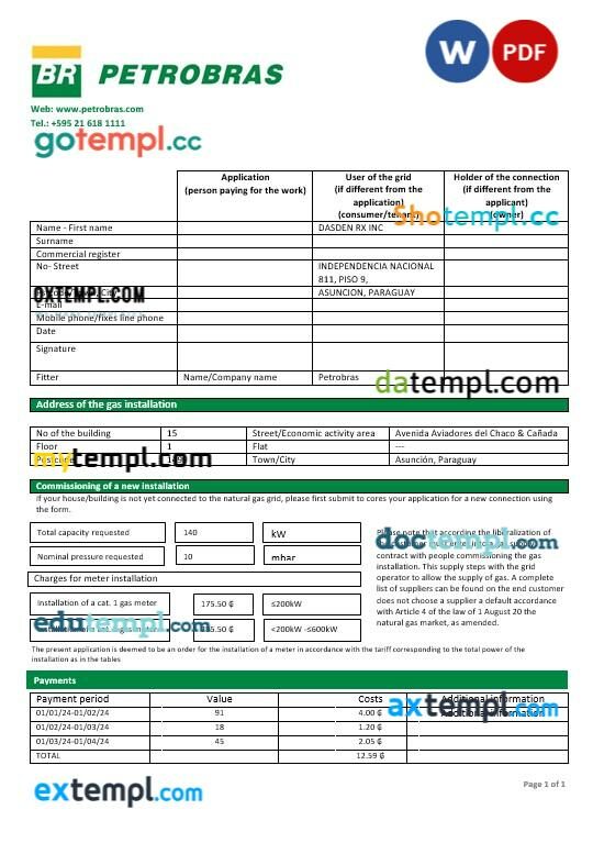 Paraguay Petrobras Paraguay Operations and Logistics gas company business utility bill template in Word and PDF formats