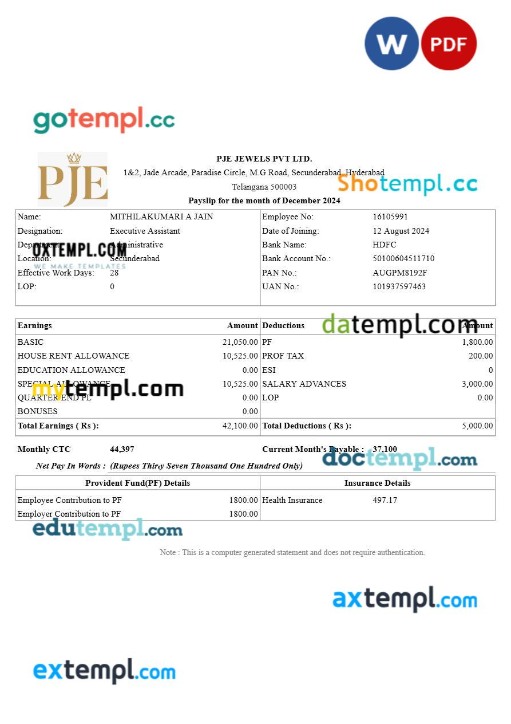 PJE Jewels payslip template in Word and PDF formats