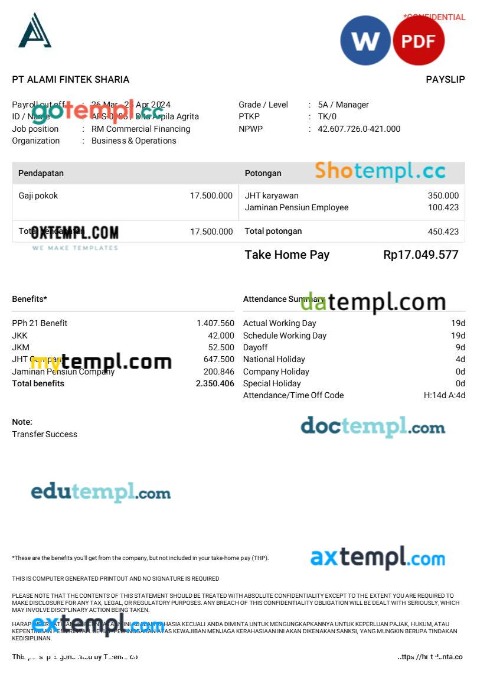 PT Alami Fintek Sharia payslip template in Word and PDF formats