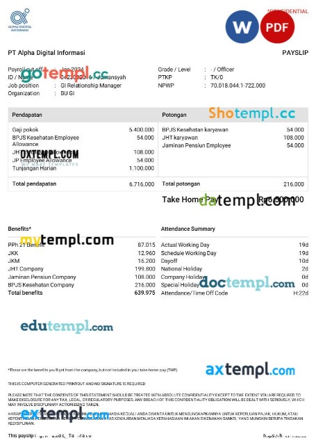 PT Alpha Digital Informasi payslip template in Word and PDF formats