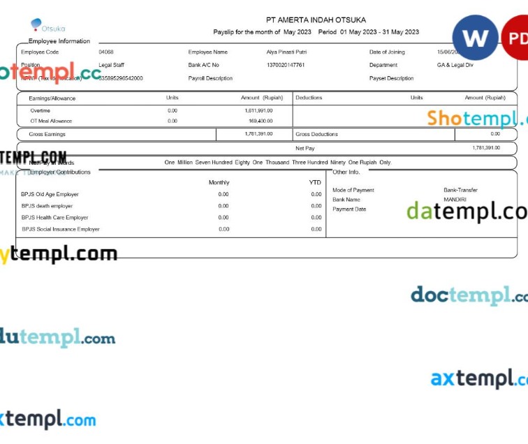 PT. Amerta Indah Otsuka payslip template in Word and PDF formats