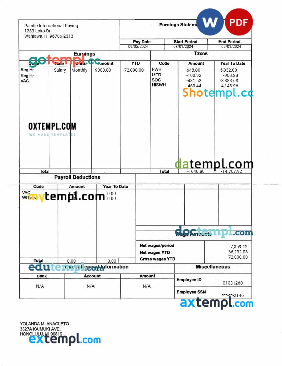 Pacific International Paving earnings statement template in Word and PDF formats