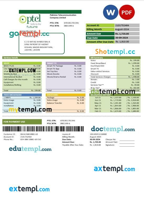 Pakistan PTCL business utility bill template in Word and PDF formats