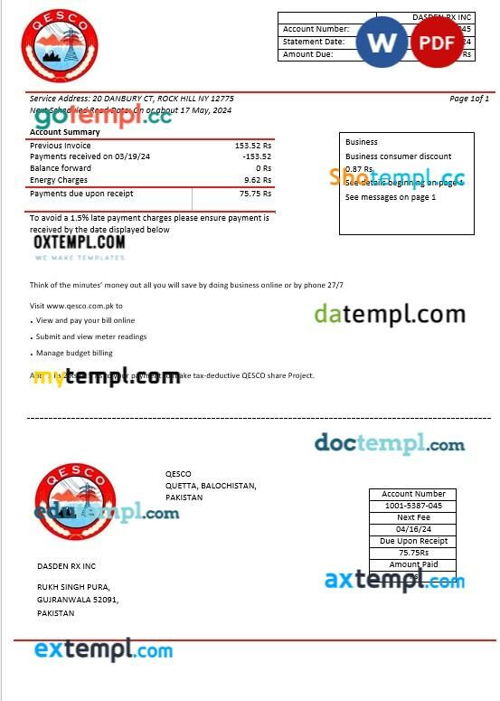 Pakistan Quetta Electric Supply Company electricity business utility bill template in Word and PDF formats