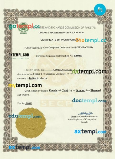 Pakistan company registration certificate PSD template