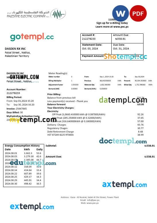 Palestine Electric Company (PEC) business utility bill template in Word and PDF formats