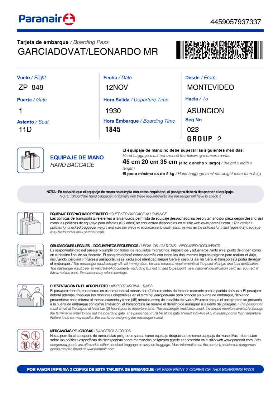 Panair boarding pass in Word and PDF formats