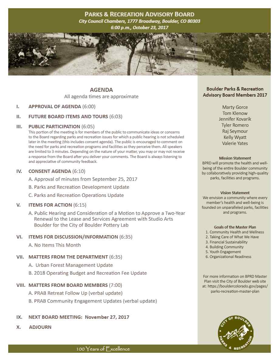 Park and Recreation Advisory Board agenda template in Word and PDF formats